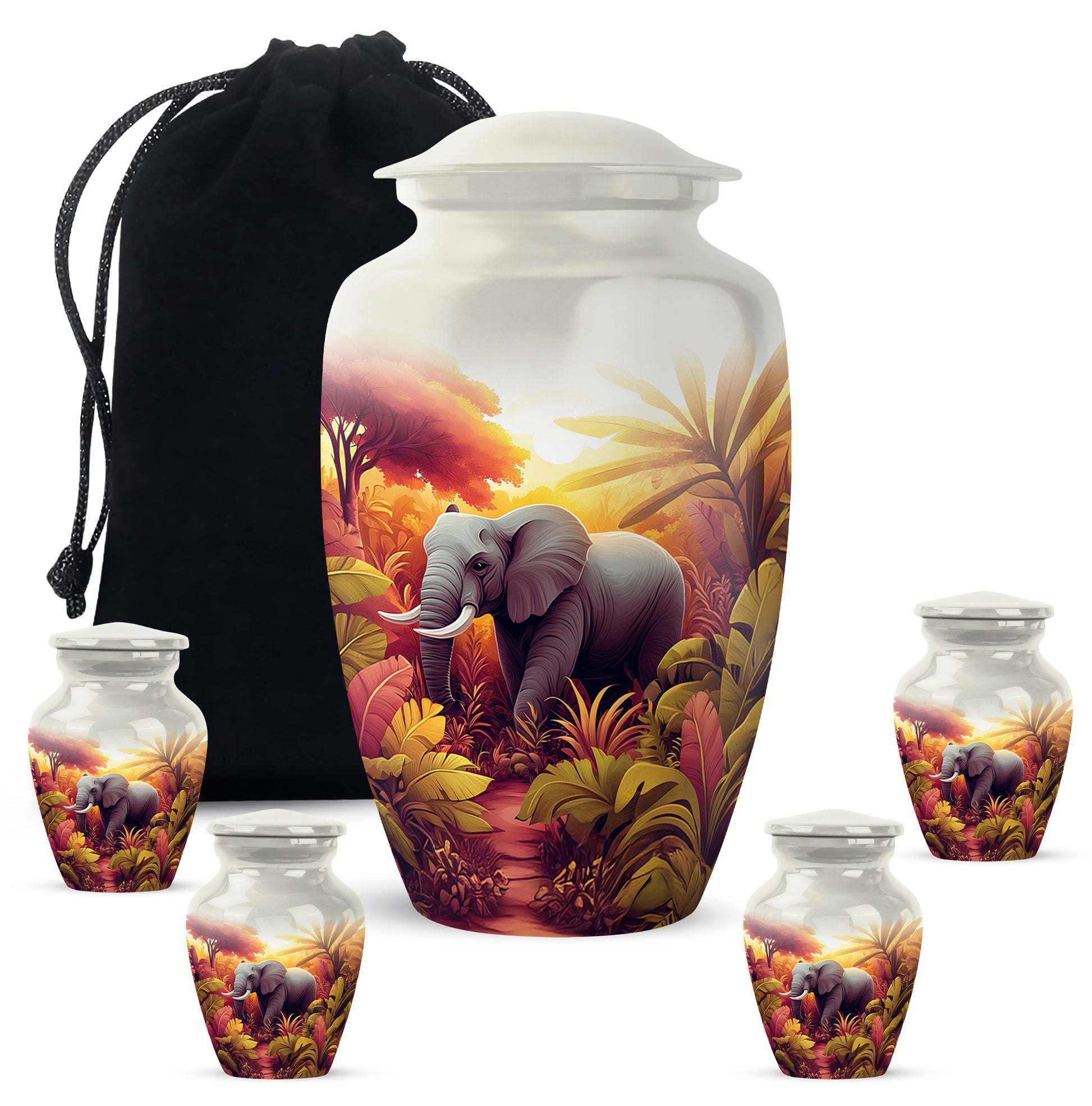 Frosted Silver Elephant Cremation Urn top-down view of secure threaded lid - traditional elephant engraving with hand-polished finish - memorial set with one large and four small urns