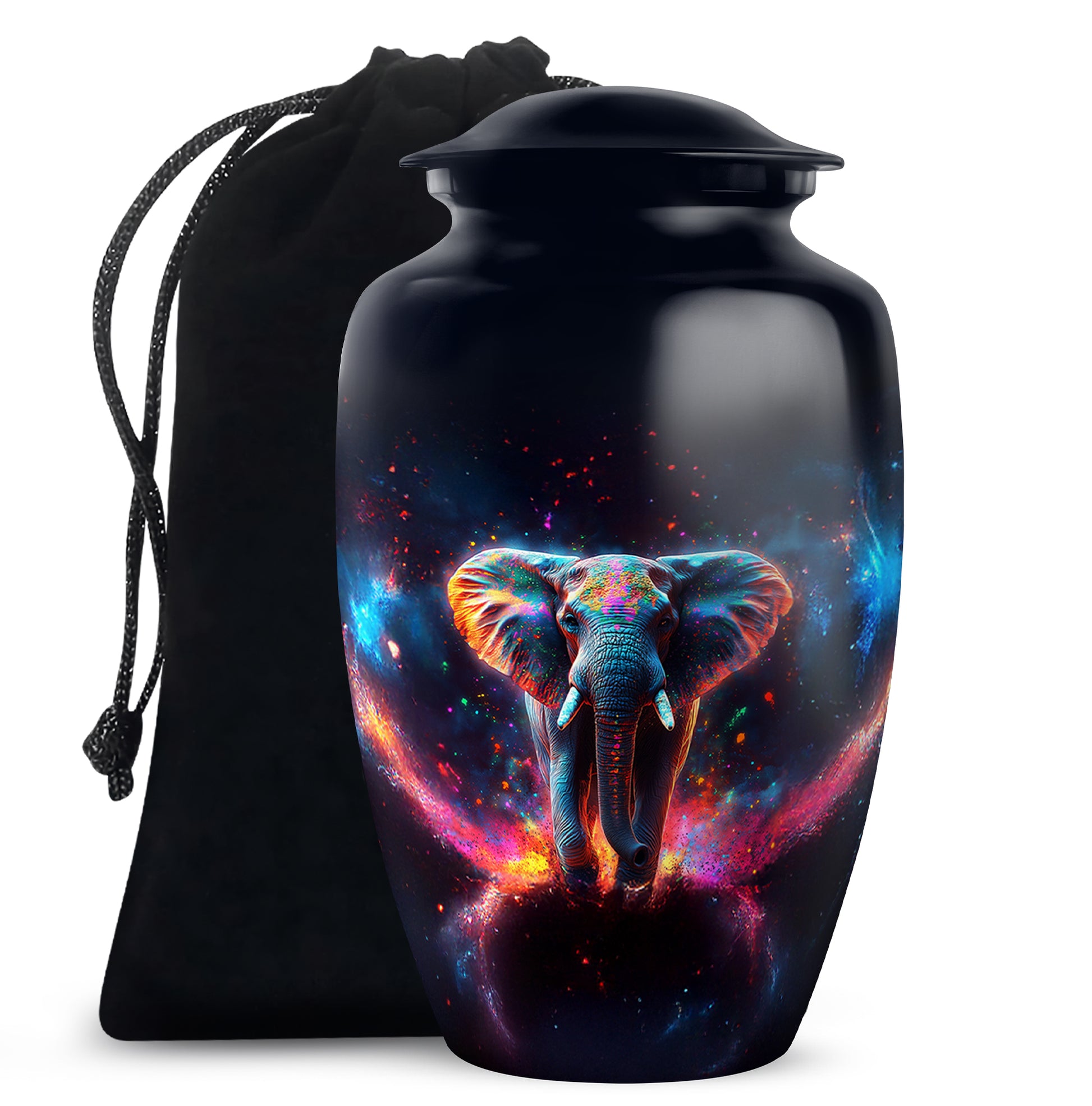 Dark Black Elephant Cremation Urn angled view of lid and engraved motif - elegant classic elephant relief with fine detailing - full-size 10 inch 200 cubic inch adult cremation urn
