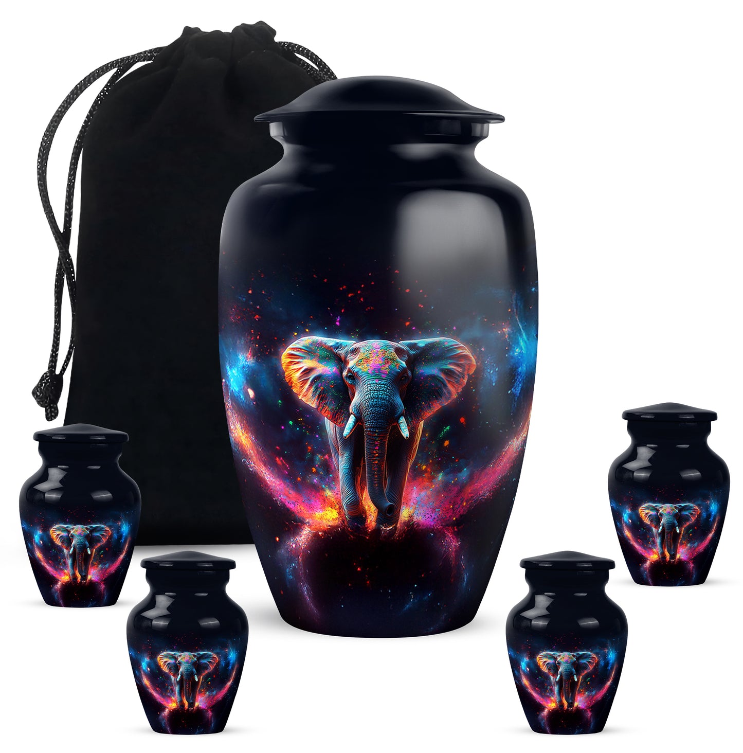 Rich Black Elephant Cremation Urn top-down view of secure threaded lid - classic sculpted elephant pattern on smooth aluminum - memorial set with one large and four small urns