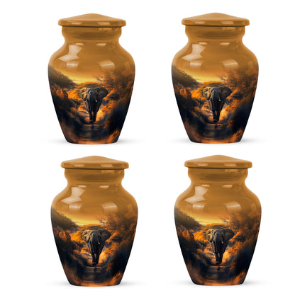 Sunrise Gold Elephant Cremation Urn side profile showing urn shape - timeless elephant motif etched into premium metal - 10 inch aluminum urn for cremated remains