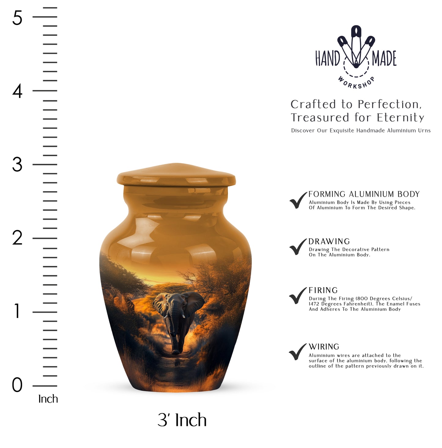 Antique Gold Elephant Cremation Urn close-up of engraving and surface detail - classic sculpted elephant pattern on smooth aluminum - mini keepsake memorial for portion of cremation ashes