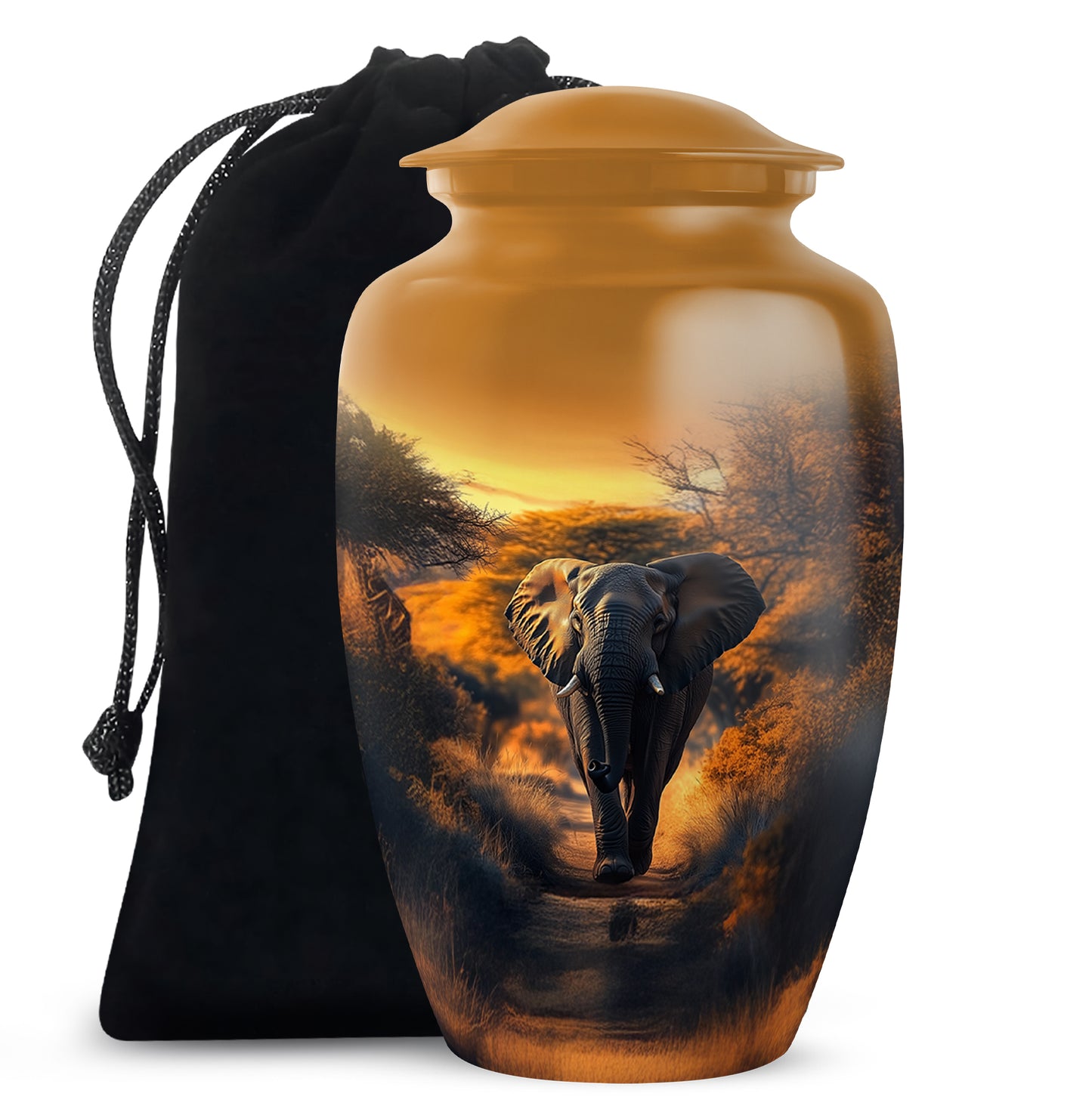 Matte Gold Elephant Cremation Urn angled view of lid and engraved motif - elegant classic elephant relief with fine detailing - full-size 10 inch 200 cubic inch adult cremation urn