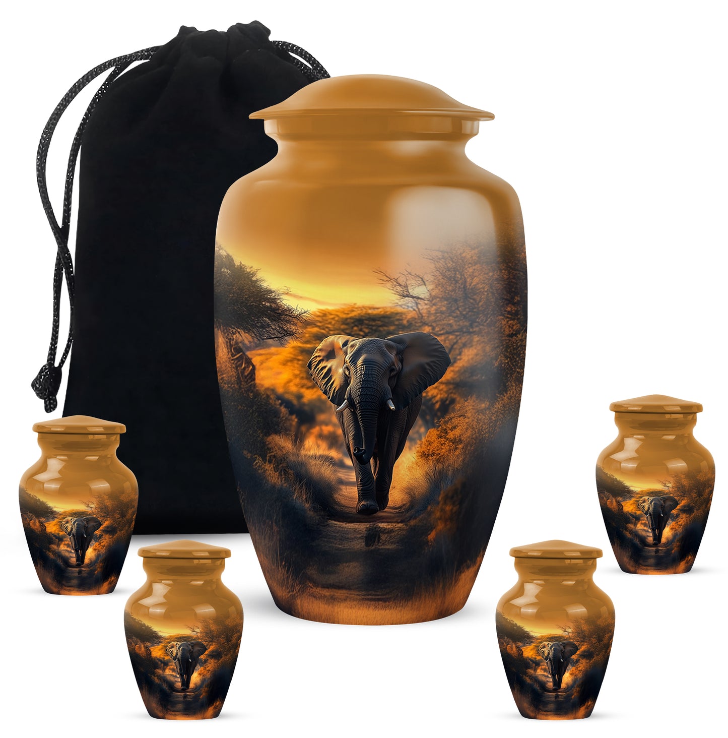 Antique Gold Elephant Cremation Urn top-down view of secure threaded lid - classic sculpted elephant pattern on smooth aluminum - memorial set with one large and four small urns