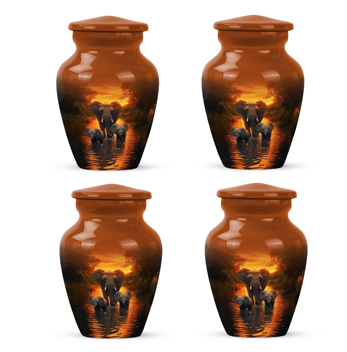 Sunrise Gold Elephant Cremation Urn side profile showing urn shape - classic sculpted elephant pattern on smooth aluminum - 10 inch aluminum urn for cremated remains