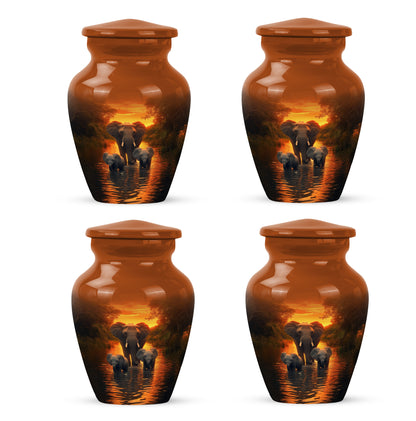 Sunrise Gold Elephant Cremation Urn side profile showing urn shape - classic sculpted elephant pattern on smooth aluminum - 10 inch aluminum urn for cremated remains