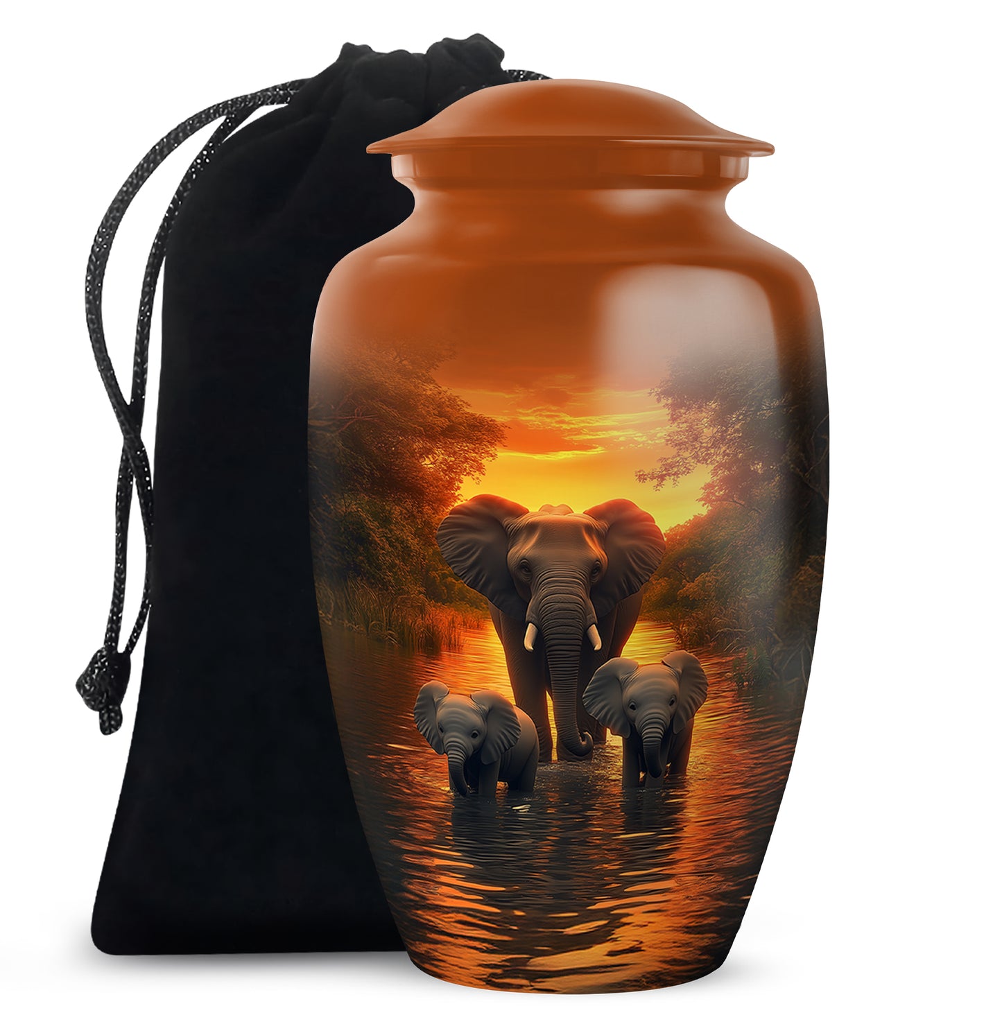 Sunrise Gold Elephant Cremation Urn angled view of lid and engraved motif - timeless elephant motif etched into premium metal - full-size 10 inch 200 cubic inch adult cremation urn