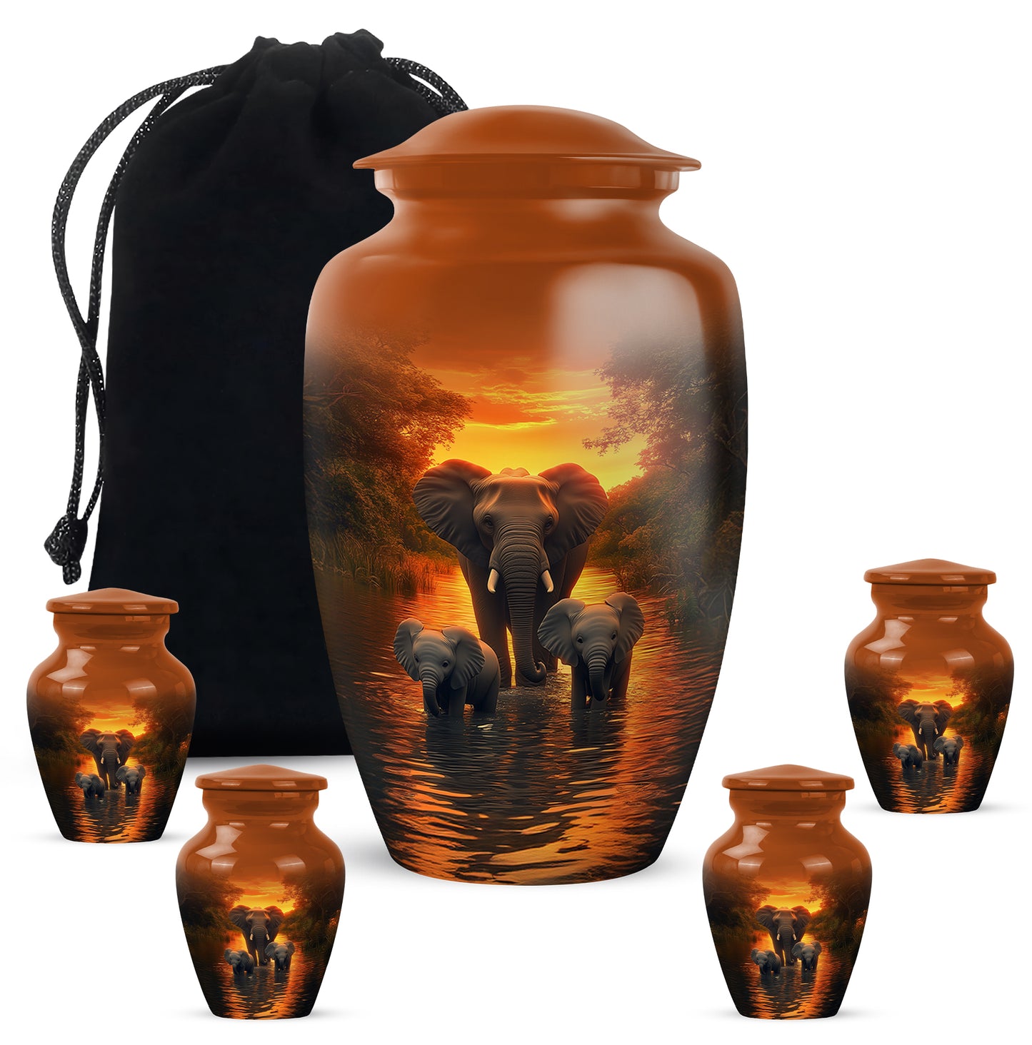 Sunrise Gold Elephant Cremation Urn top-down view of secure threaded lid - timeless elephant motif etched into premium metal - memorial set with one large and four small urns