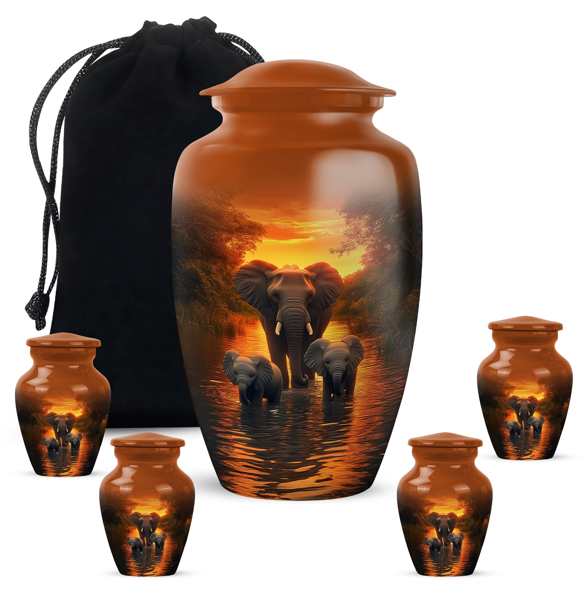 Sunrise Gold Elephant Cremation Urn top-down view of secure threaded lid - timeless elephant motif etched into premium metal - memorial set with one large and four small urns