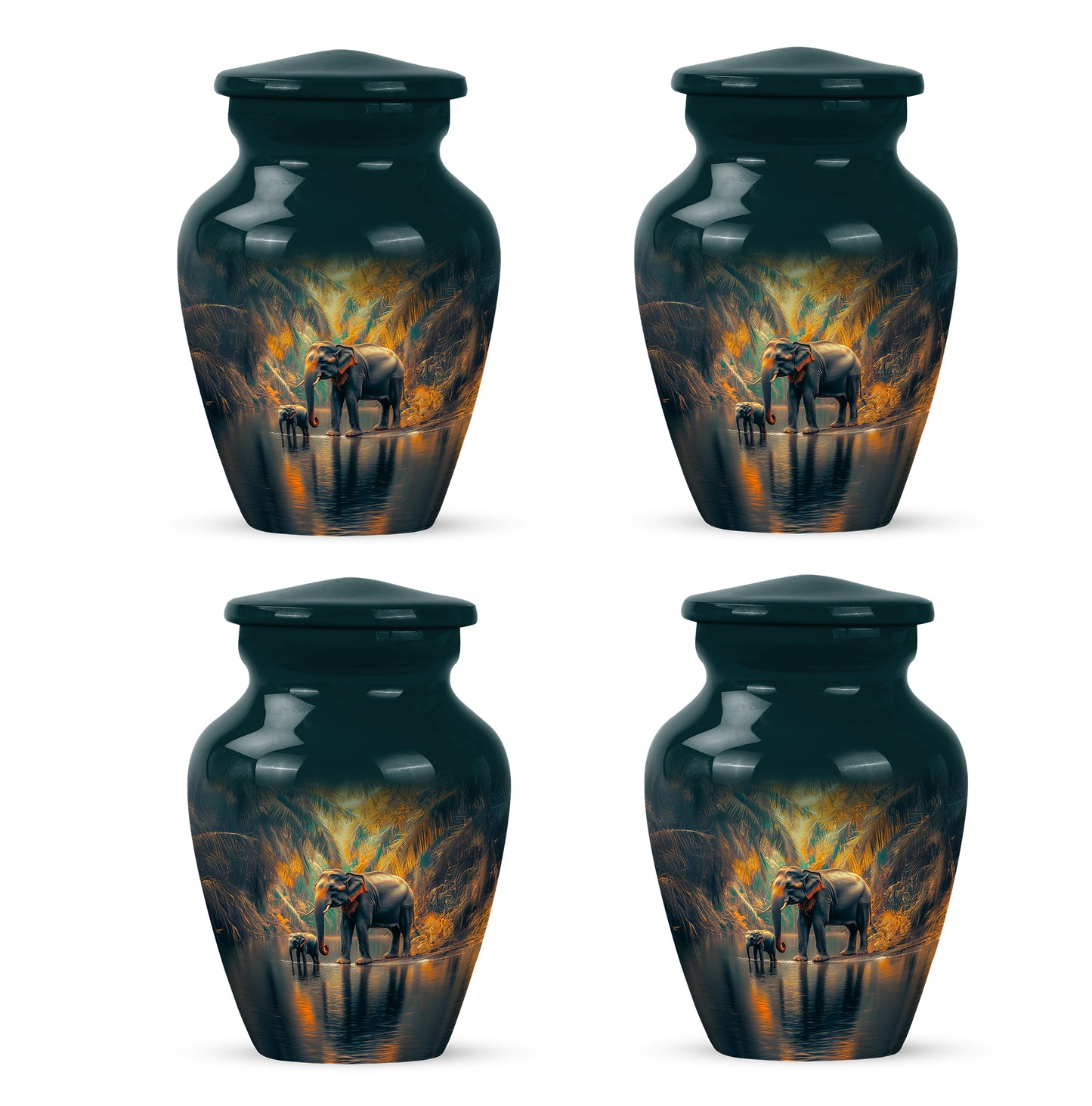 Jewel Teal Elephant Cremation Urn side profile showing urn shape - timeless elephant motif etched into premium metal - 10 inch aluminum urn for cremated remains