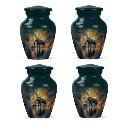 Jewel Teal Elephant Cremation Urn side profile showing urn shape - timeless elephant motif etched into premium metal - 10 inch aluminum urn for cremated remains