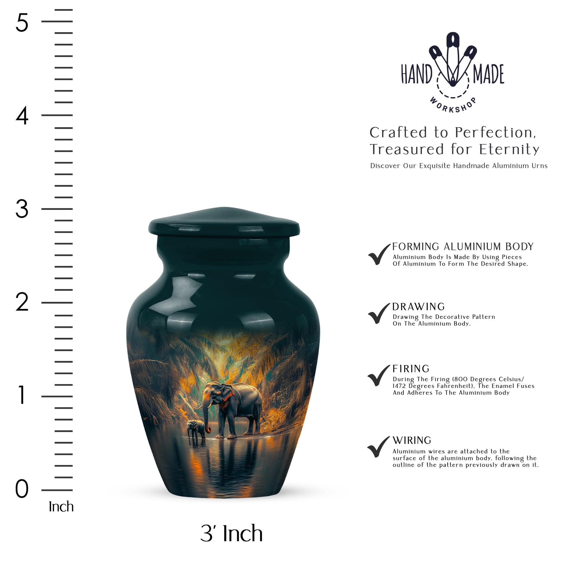 Jewel Teal Elephant Cremation Urn close-up of engraving and surface detail - classic sculpted elephant pattern on smooth aluminum - mini keepsake memorial for portion of cremation ashes
