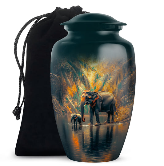 Deep Teal Elephant Cremation Urn angled view of lid and engraved motif - elegant classic elephant relief with fine detailing - full-size 10 inch 200 cubic inch adult cremation urn