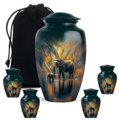 Aqua Teal Elephant Cremation Urn top-down view of secure threaded lid - elegant classic elephant relief with fine detailing - memorial set with one large and four small urns