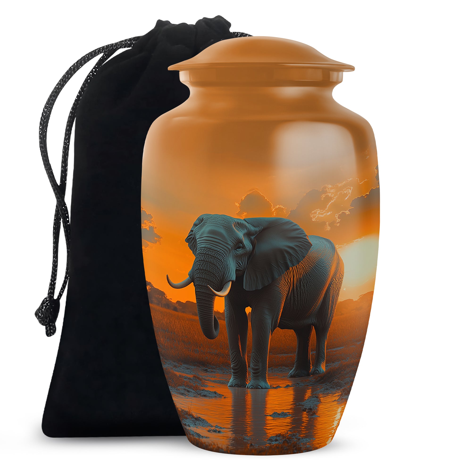 Royal Gold Elephant Cremation Urn angled view of lid and engraved motif - elegant classic elephant relief with fine detailing - full-size 10 inch 200 cubic inch adult cremation urn