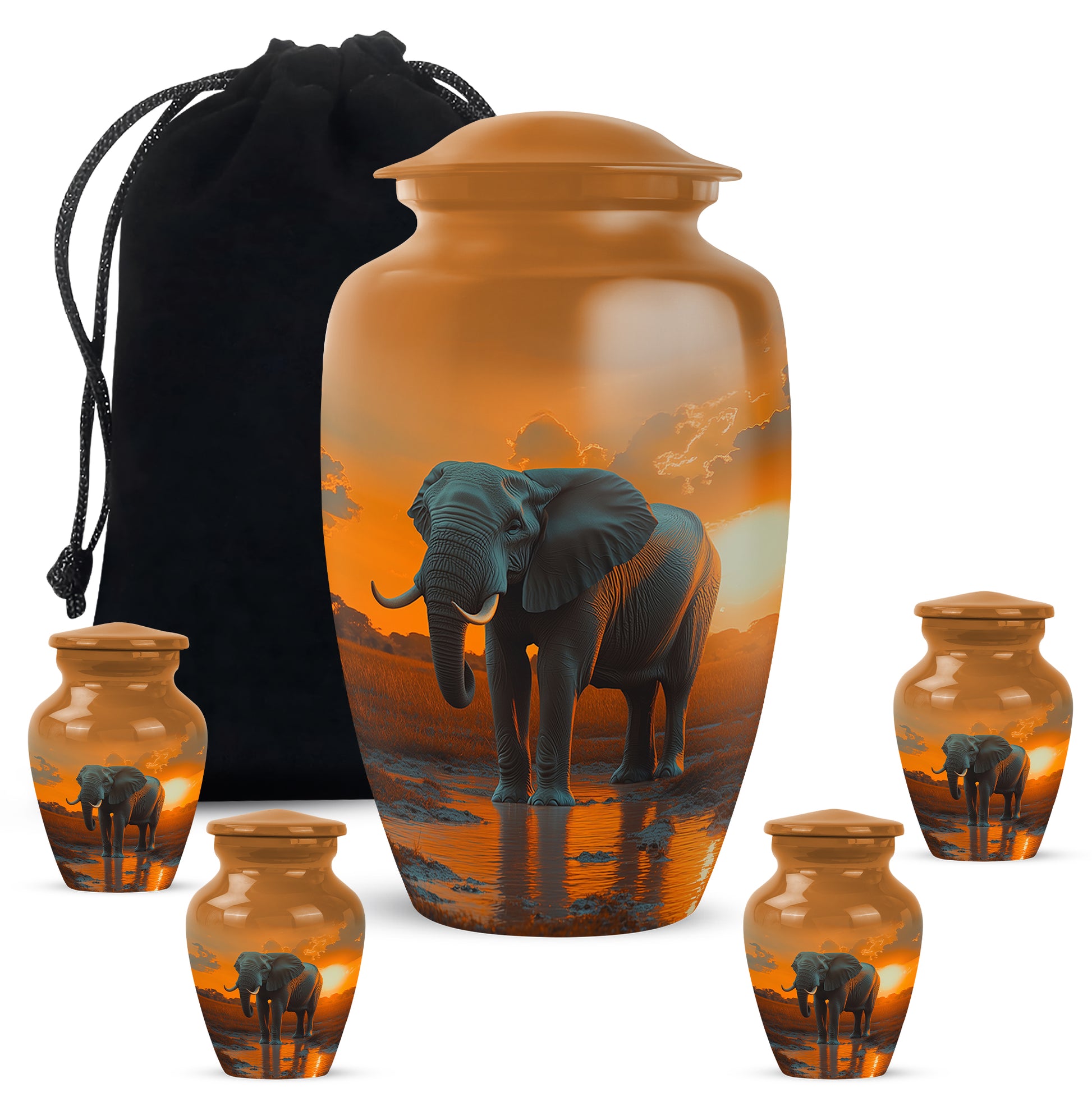 Amber Gold Elephant Cremation Urn top-down view of secure threaded lid - timeless elephant motif etched into premium metal - memorial set with one large and four small urns