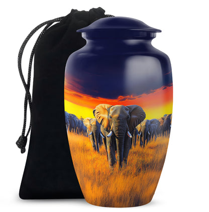 Cornflower Blue Elephant Cremation Urn angled view of lid and engraved motif - elegant classic elephant relief with fine detailing - full-size 10 inch 200 cubic inch adult cremation urn