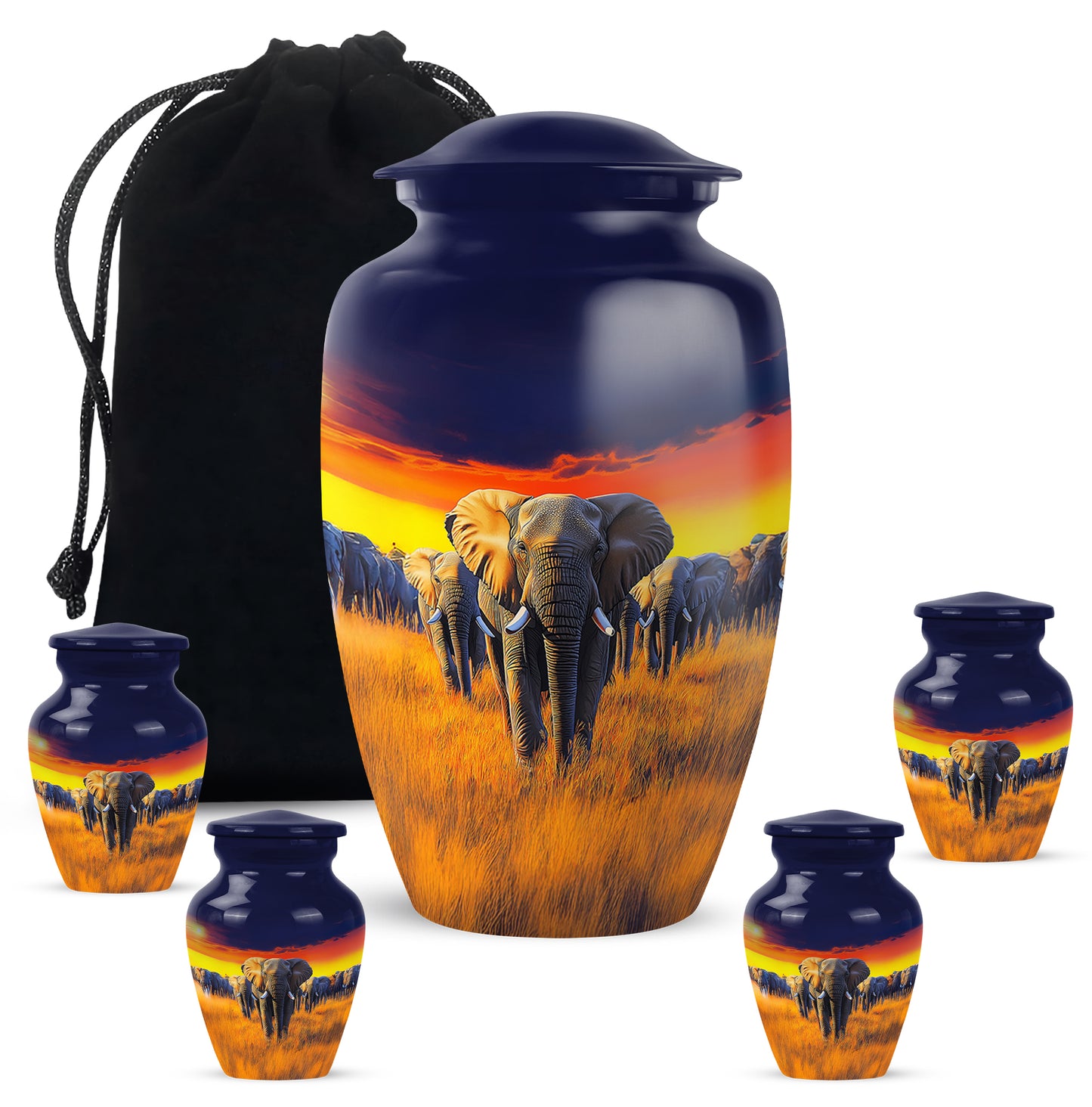 Azure Elephant Cremation Urn top-down view of secure threaded lid - classic sculpted elephant pattern on smooth aluminum - memorial set with one large and four small urns