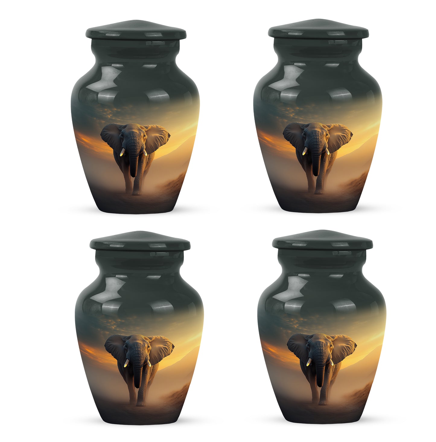 Rich Black Elephant Cremation Urn side profile showing urn shape - timeless elephant motif etched into premium metal - 10 inch aluminum urn for cremated remains