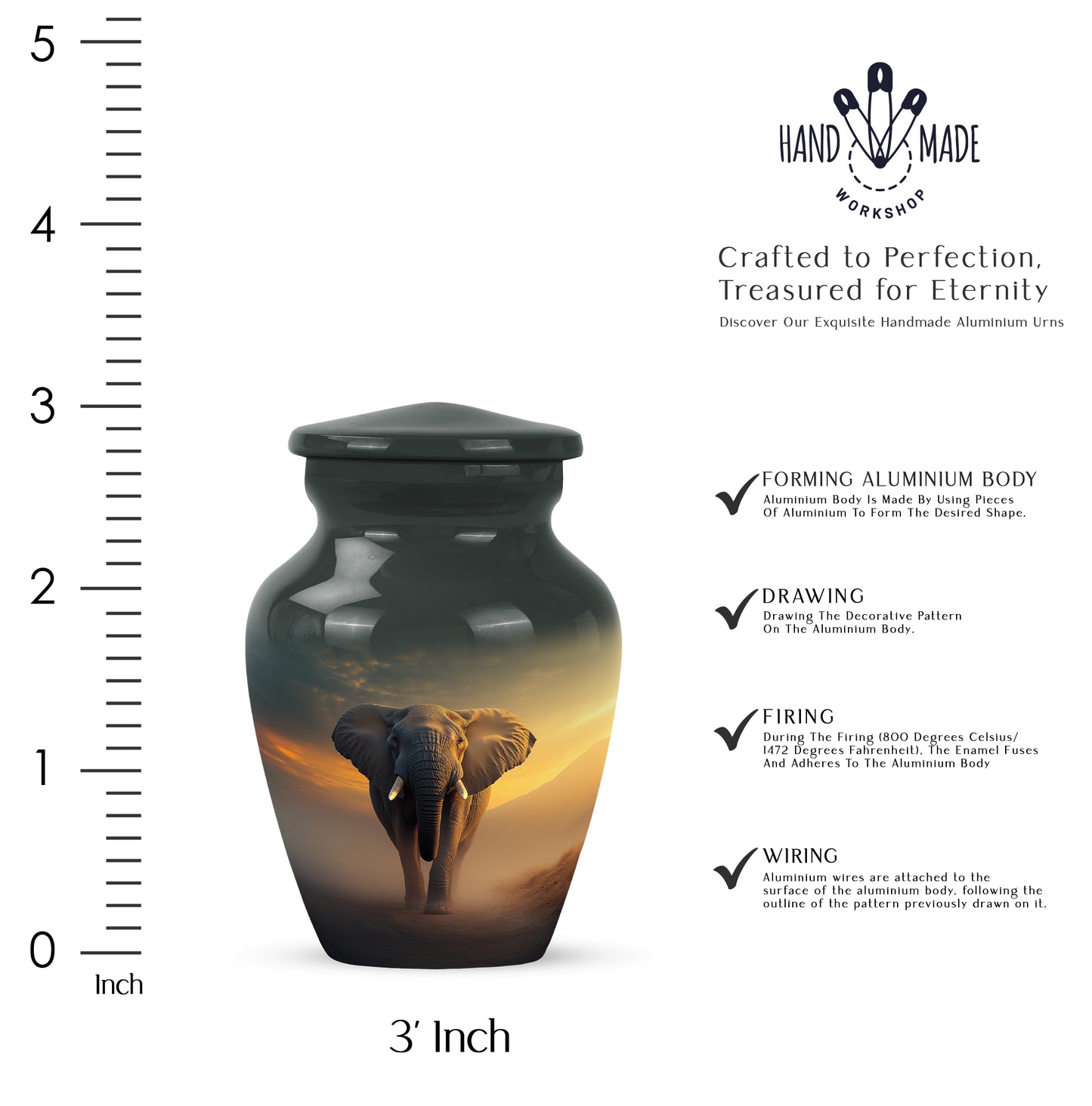 Obsidian Black Elephant Cremation Urn close-up of engraving and surface detail - traditional elephant engraving with hand-polished finish - mini keepsake memorial for portion of cremation ashes