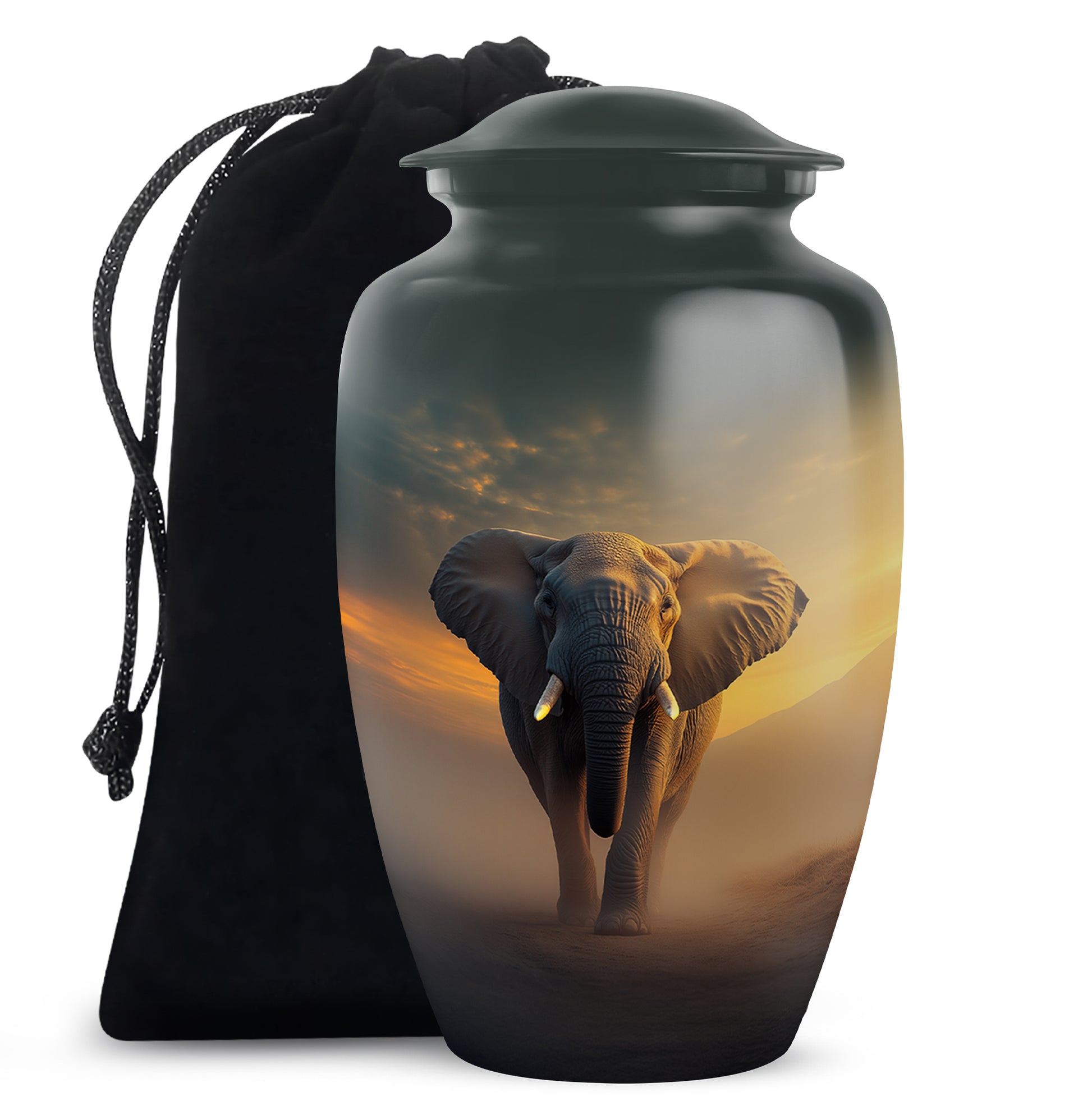 Deep Black Elephant Cremation Urn angled view of lid and engraved motif - classic sculpted elephant pattern on smooth aluminum - full-size 10 inch 200 cubic inch adult cremation urn