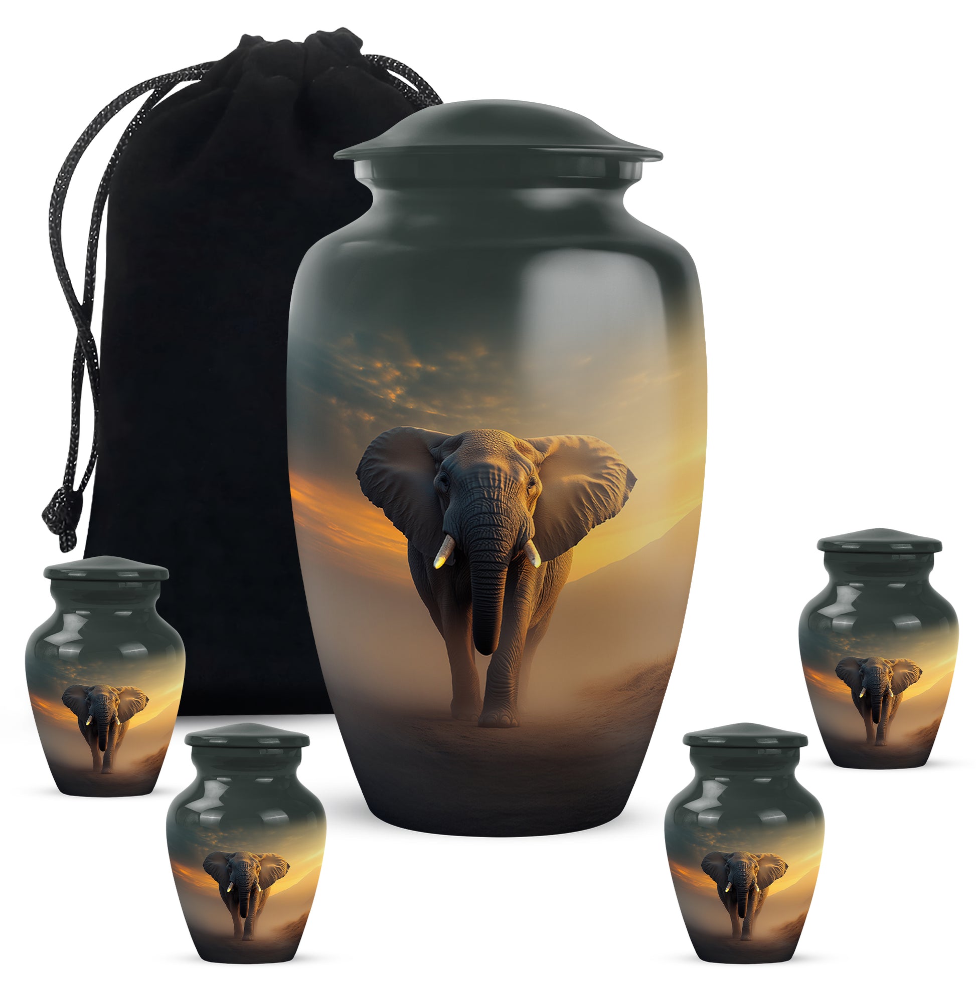 Jet Black Elephant Cremation Urn top-down view of secure threaded lid - timeless elephant motif etched into premium metal - memorial set with one large and four small urns