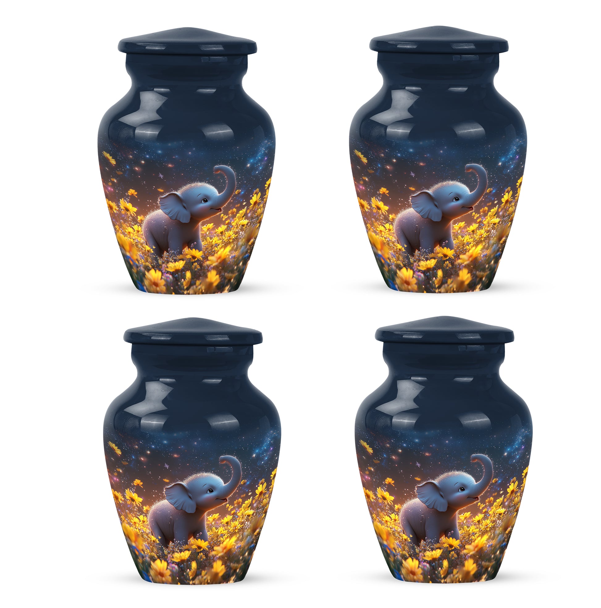 Soft Blue Elephant Cremation Urn side profile showing urn shape - traditional elephant engraving with hand-polished finish - 10 inch aluminum urn for cremated remains