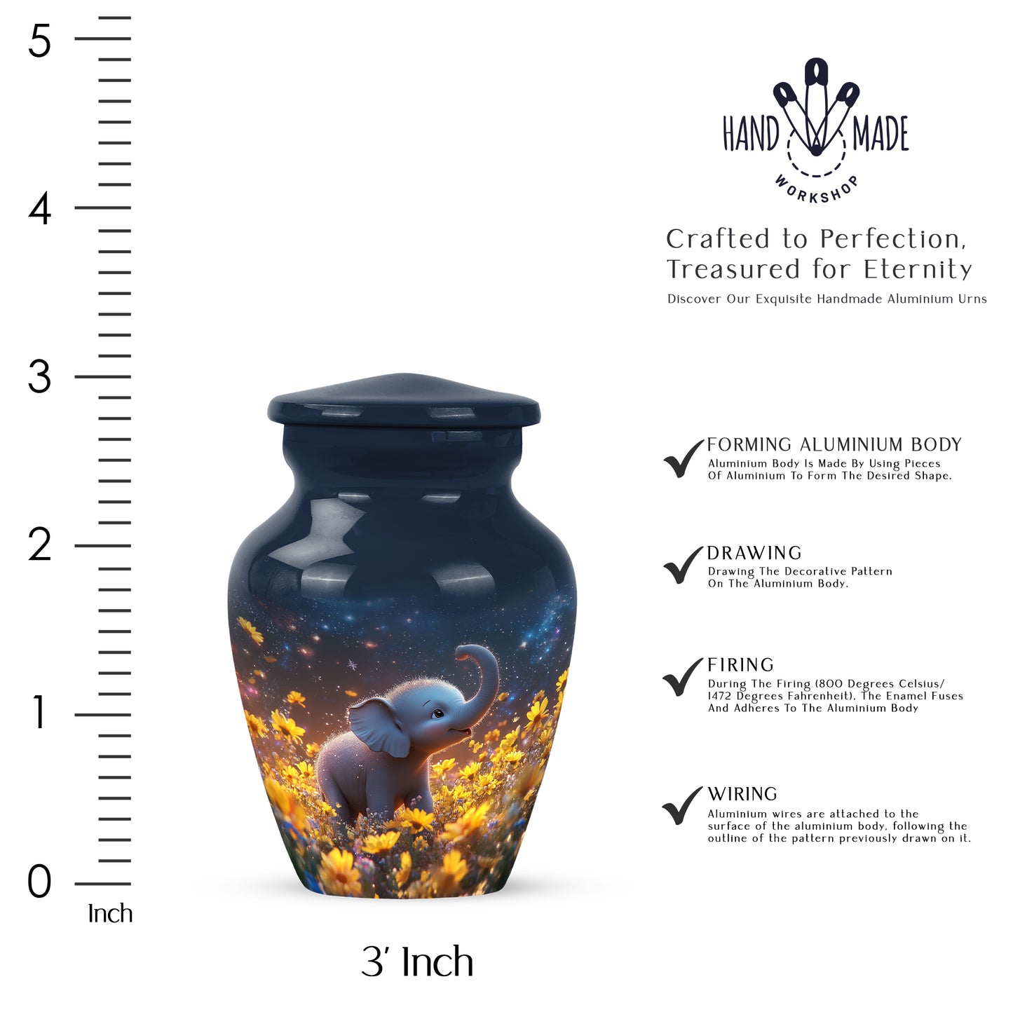 Misty Blue Elephant Cremation Urn close-up of engraving and surface detail - timeless elephant motif etched into premium metal - mini keepsake memorial for portion of cremation ashes
