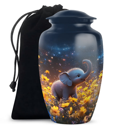 Celestial Blue Elephant Cremation Urn angled view of lid and engraved motif - timeless elephant motif etched into premium metal - full-size 10 inch 200 cubic inch adult cremation urn