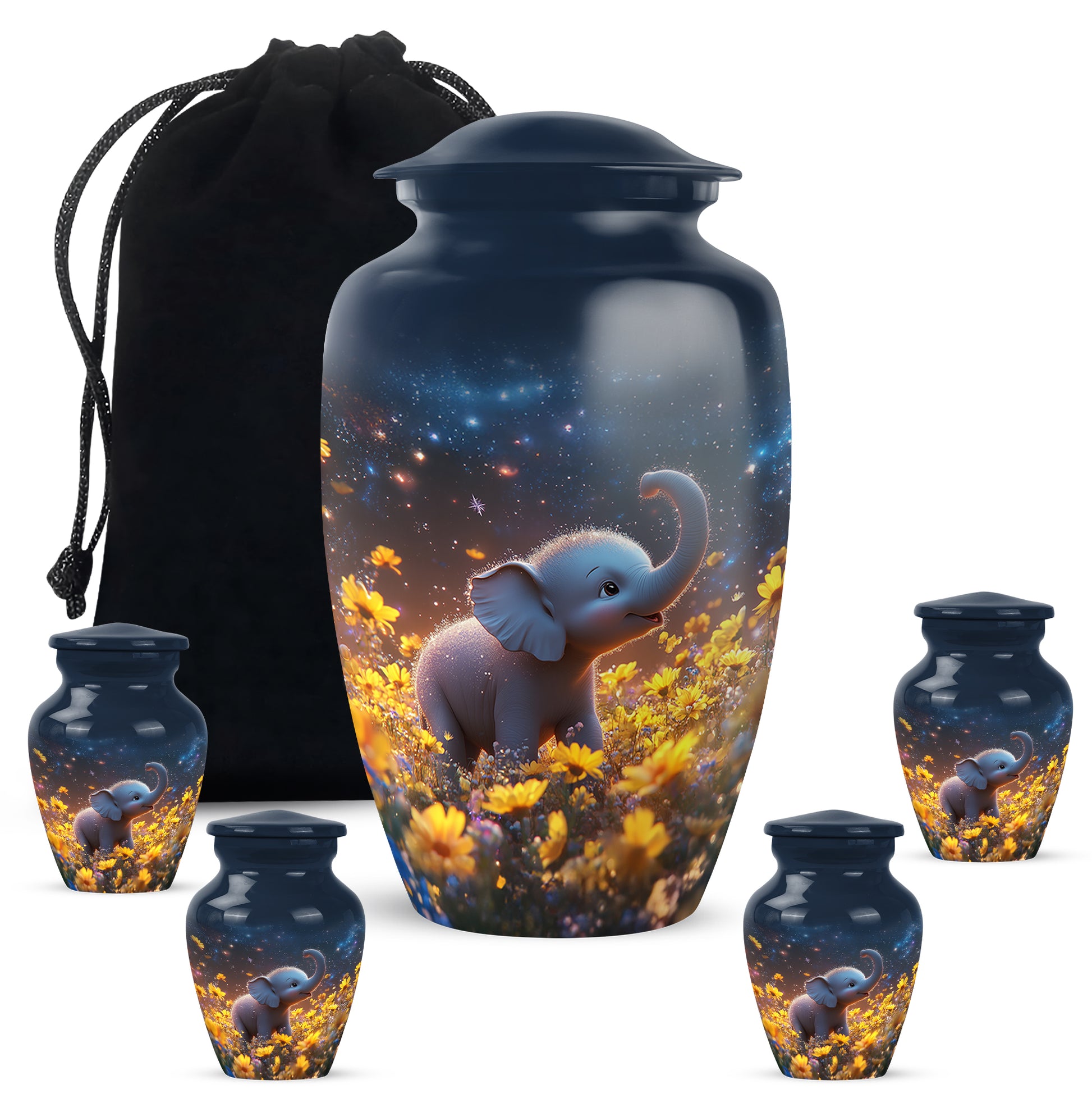 Steel Blue Elephant Cremation Urn top-down view of secure threaded lid - elegant classic elephant relief with fine detailing - memorial set with one large and four small urns