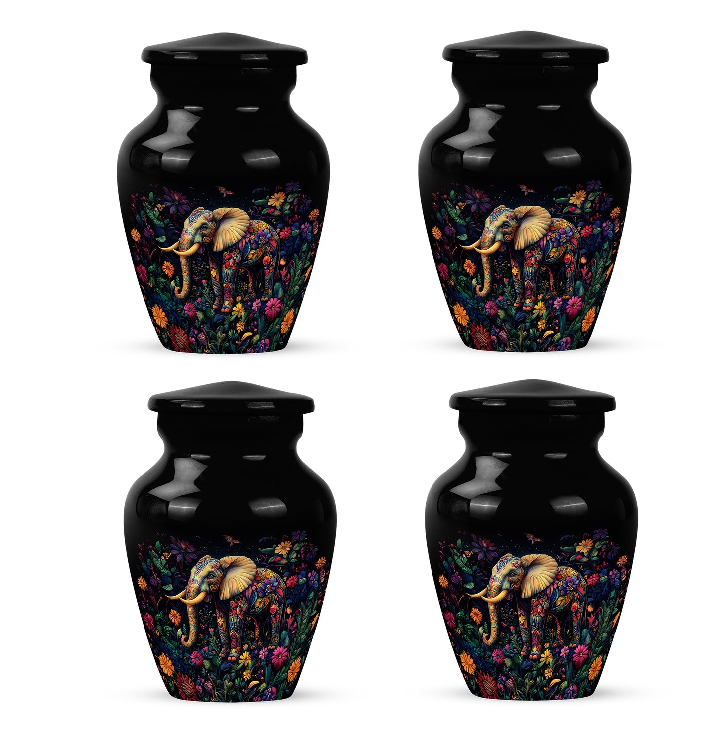 Obsidian Black Elephant Cremation Urn side profile showing urn shape - traditional elephant engraving with hand-polished finish - 10 inch aluminum urn for cremated remains
