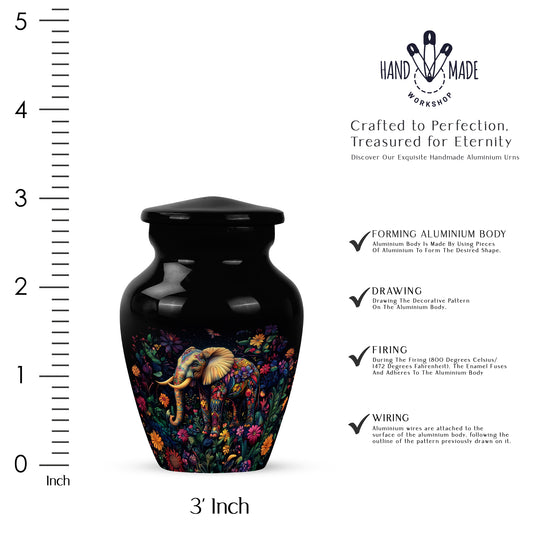Midnight Black Elephant Cremation Urn close-up of engraving and surface detail - traditional elephant engraving with hand-polished finish - mini keepsake memorial for portion of cremation ashes