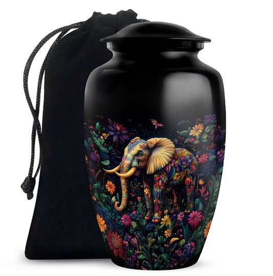 Jet Black Elephant Cremation Urn angled view of lid and engraved motif - classic sculpted elephant pattern on smooth aluminum - full-size 10 inch 200 cubic inch adult cremation urn