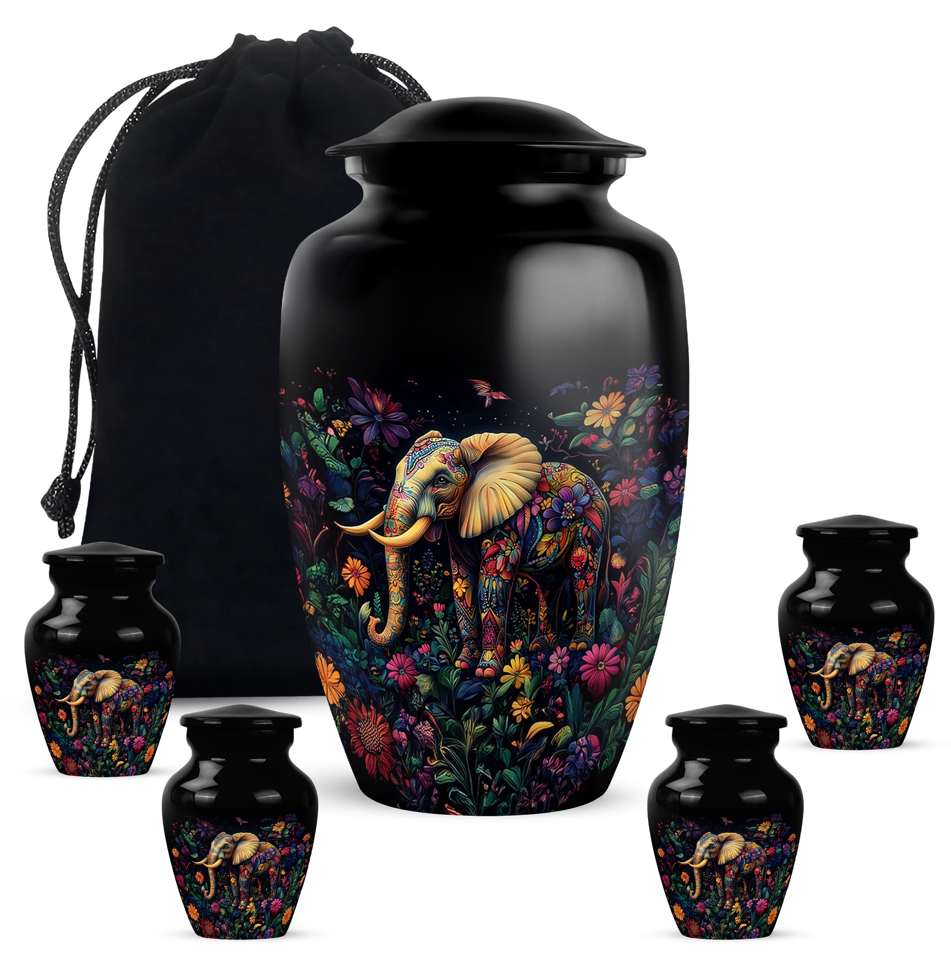 Onyx Black Elephant Cremation Urn top-down view of secure threaded lid - traditional elephant engraving with hand-polished finish - memorial set with one large and four small urns