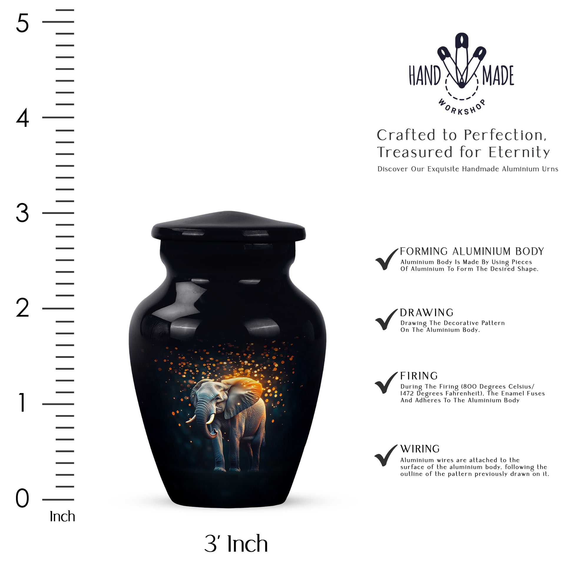 Charcoal Black Elephant Cremation Urn close-up of engraving and surface detail - traditional elephant engraving with hand-polished finish - mini keepsake memorial for portion of cremation ashes