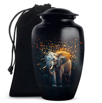 Glossy Black Elephant Cremation Urn angled view of lid and engraved motif - classic sculpted elephant pattern on smooth aluminum - full-size 10 inch 200 cubic inch adult cremation urn