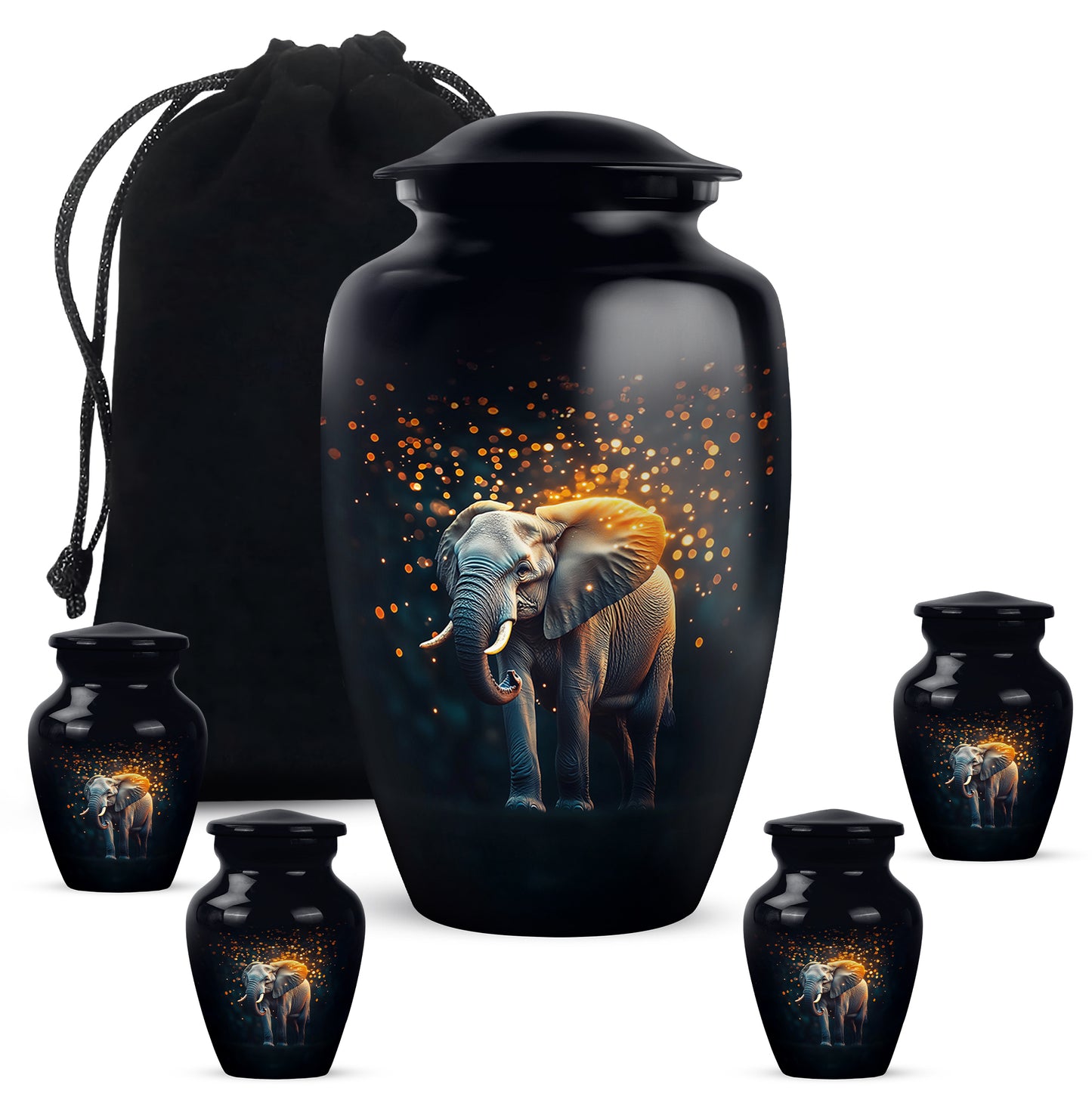 Charcoal Black Elephant Cremation Urn top-down view of secure threaded lid - elegant classic elephant relief with fine detailing - memorial set with one large and four small urns