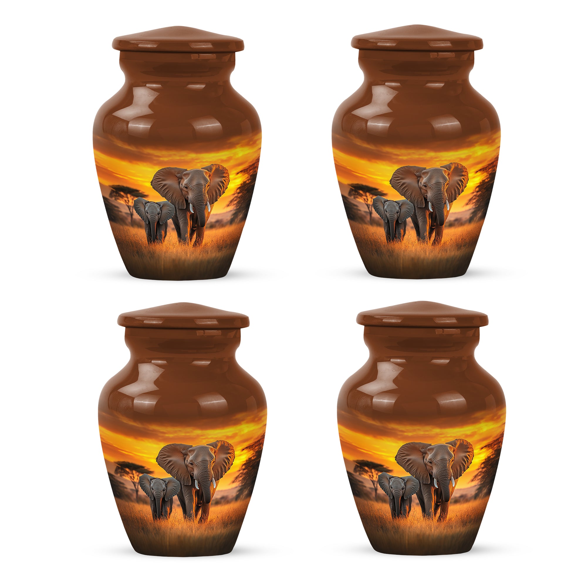 Royal Gold Elephant Cremation Urn side profile showing urn shape - elegant classic elephant relief with fine detailing - 10 inch aluminum urn for cremated remains