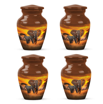 Royal Gold Elephant Cremation Urn side profile showing urn shape - elegant classic elephant relief with fine detailing - 10 inch aluminum urn for cremated remains