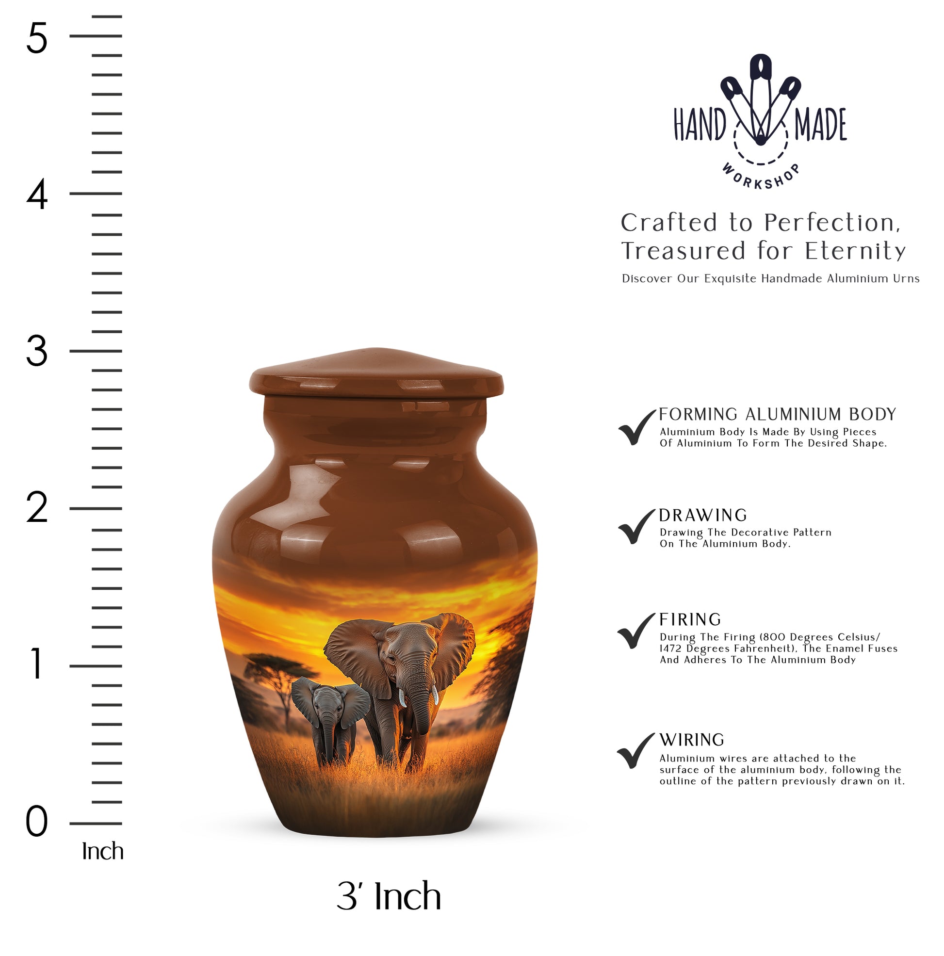 Matte Gold Elephant Cremation Urn close-up of engraving and surface detail - elegant classic elephant relief with fine detailing - mini keepsake memorial for portion of cremation ashes
