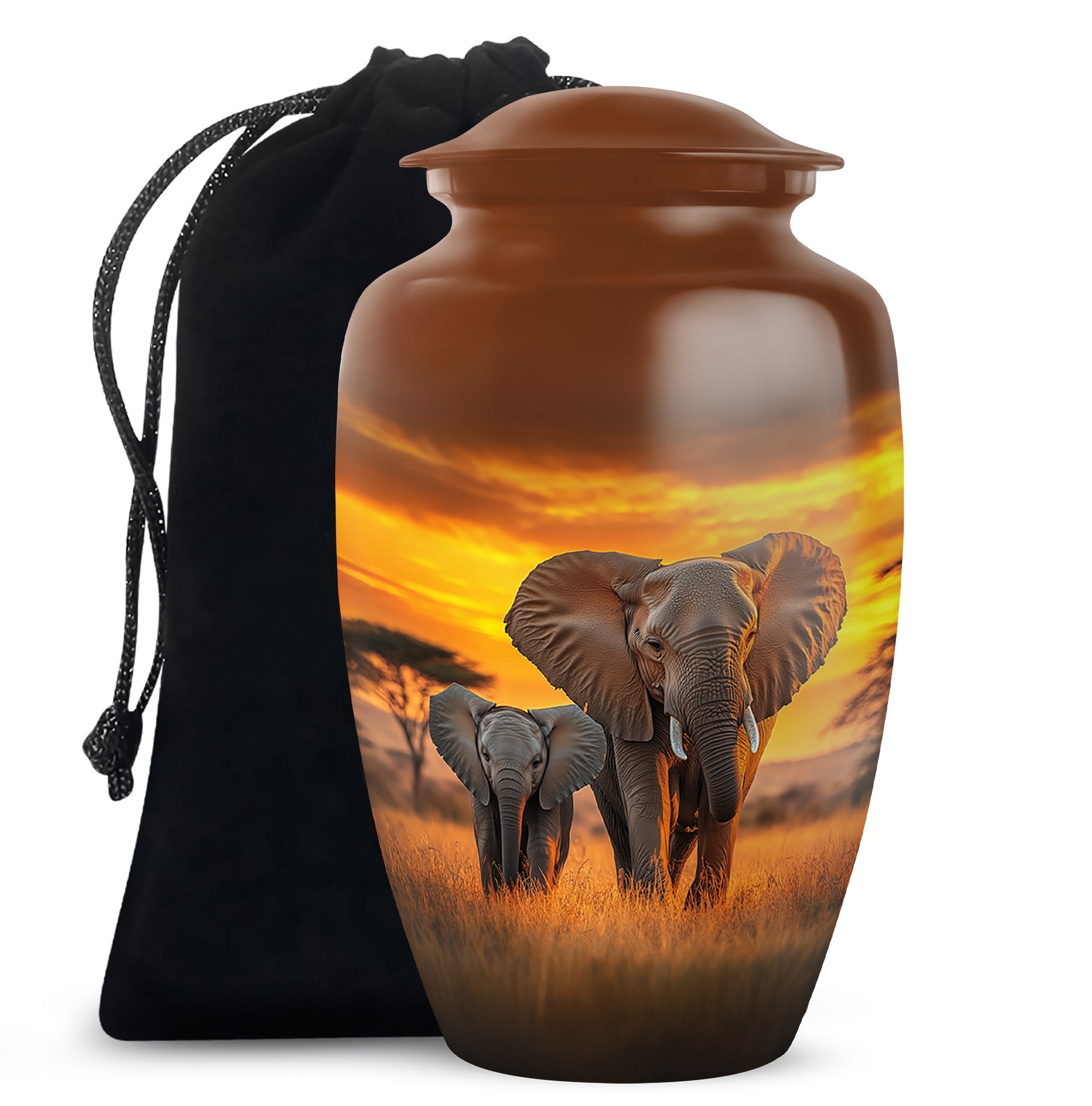 Amber Gold Elephant Cremation Urn angled view of lid and engraved motif - timeless elephant motif etched into premium metal - full-size 10 inch 200 cubic inch adult cremation urn