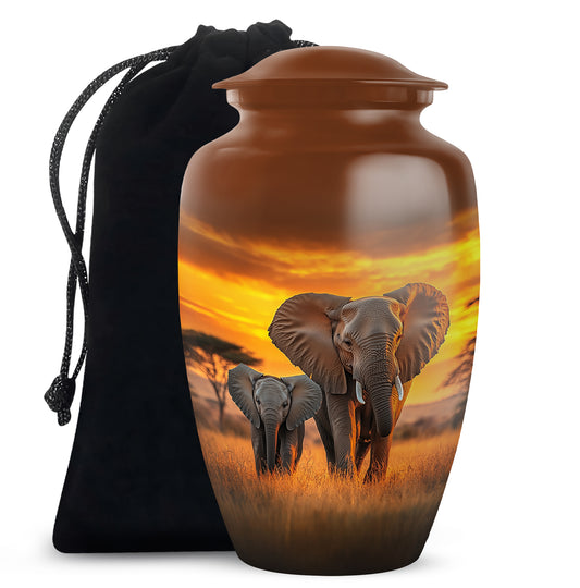 Amber Gold Elephant Cremation Urn angled view of lid and engraved motif - timeless elephant motif etched into premium metal - full-size 10 inch 200 cubic inch adult cremation urn