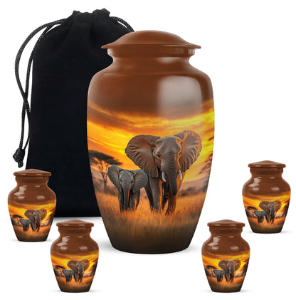Gilded Gold Elephant Cremation Urn top-down view of secure threaded lid - timeless elephant motif etched into premium metal - memorial set with one large and four small urns