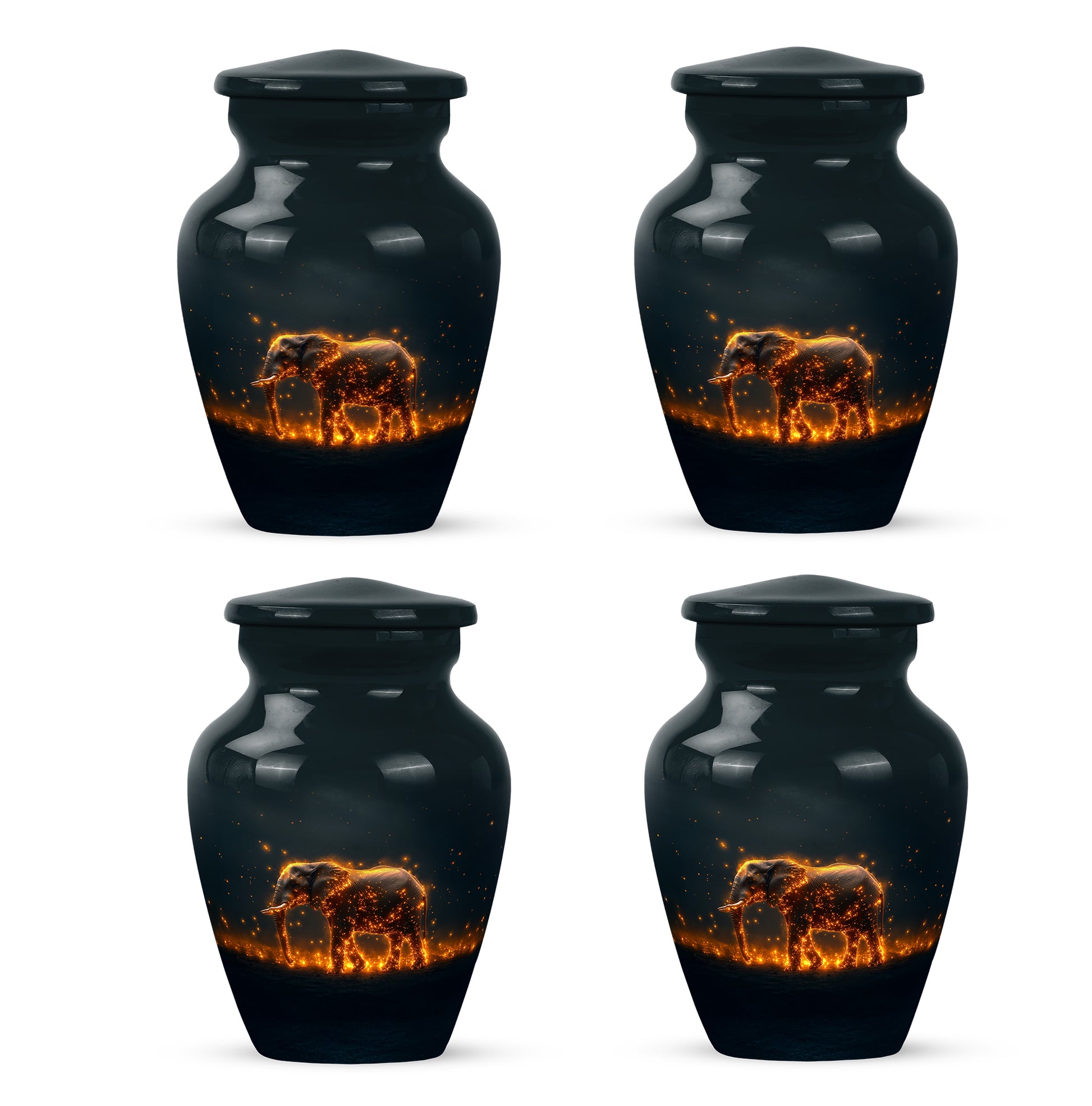 Ocean Teal Elephant Cremation Urn side profile showing urn shape - timeless elephant motif etched into premium metal - 10 inch aluminum urn for cremated remains