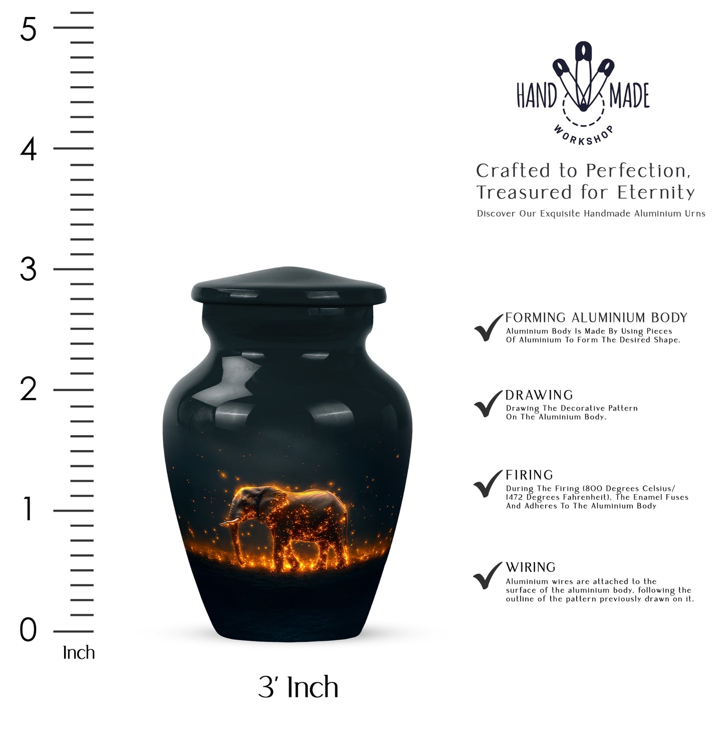 Cool Teal Elephant Cremation Urn close-up of engraving and surface detail - classic sculpted elephant pattern on smooth aluminum - mini keepsake memorial for portion of cremation ashes