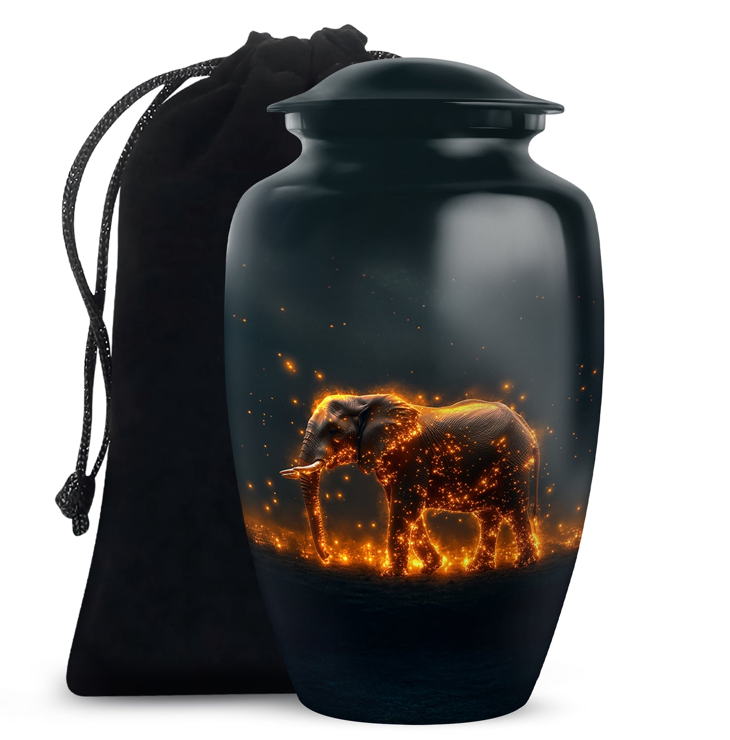 Deep Teal Elephant Cremation Urn angled view of lid and engraved motif - elegant classic elephant relief with fine detailing - full-size 10 inch 200 cubic inch adult cremation urn