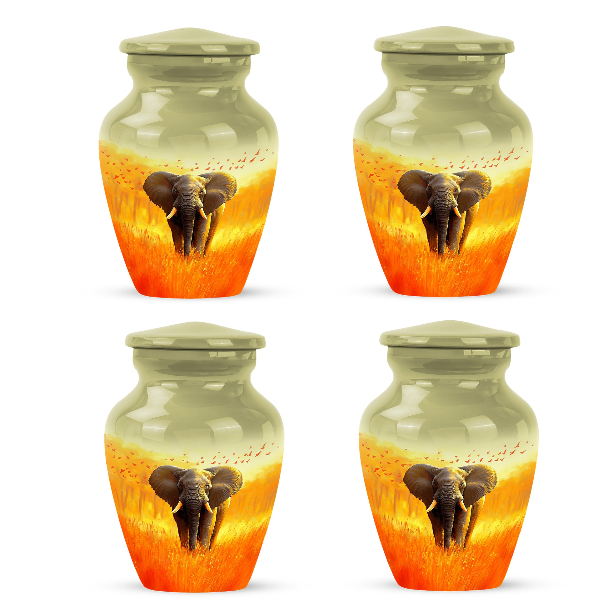 Sunrise Gold Elephant Cremation Urn side profile showing urn shape - timeless elephant motif etched into premium metal - 10 inch aluminum urn for cremated remains