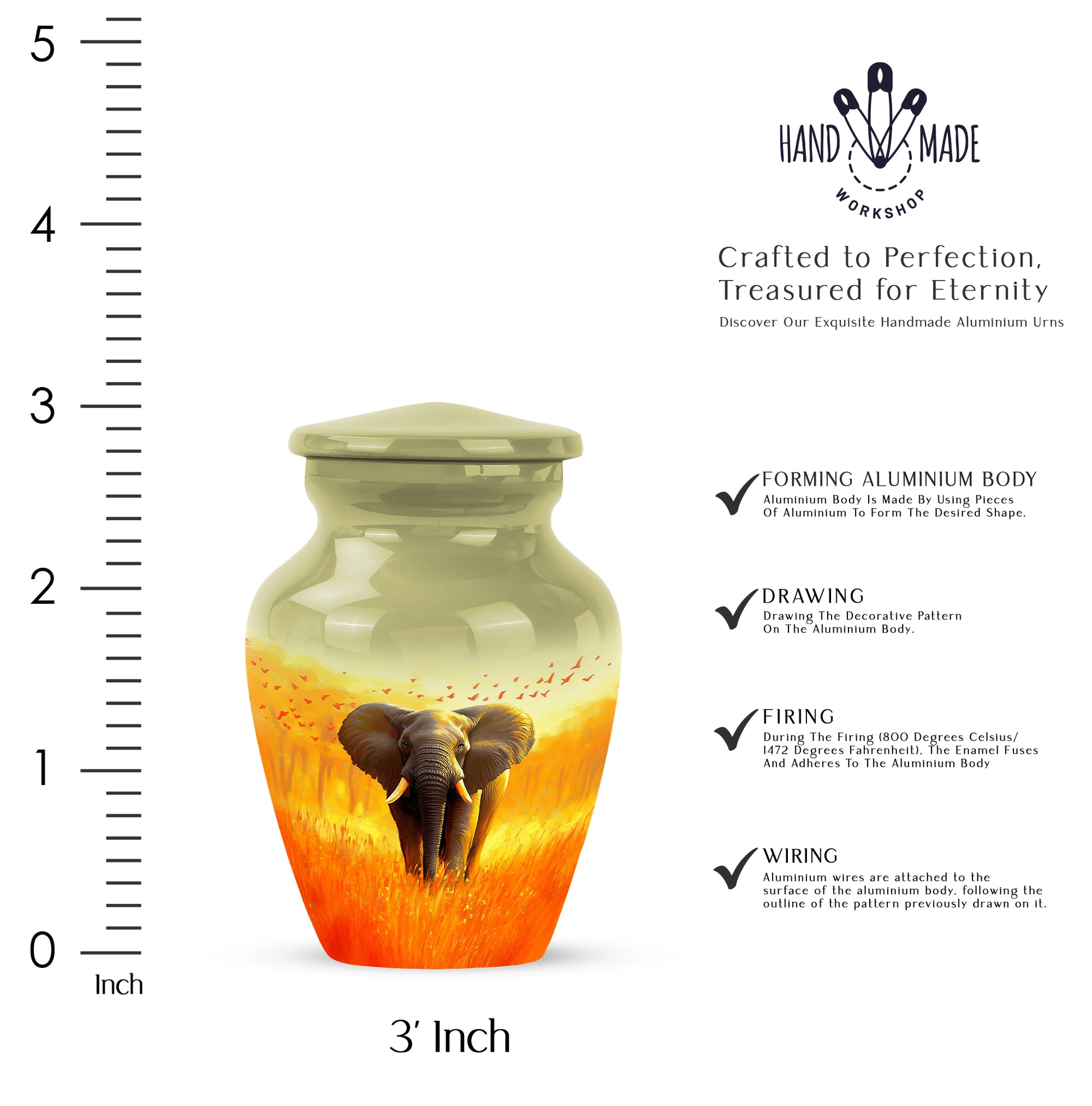 Burnished Gold Elephant Cremation Urn close-up of engraving and surface detail - traditional elephant engraving with hand-polished finish - mini keepsake memorial for portion of cremation ashes