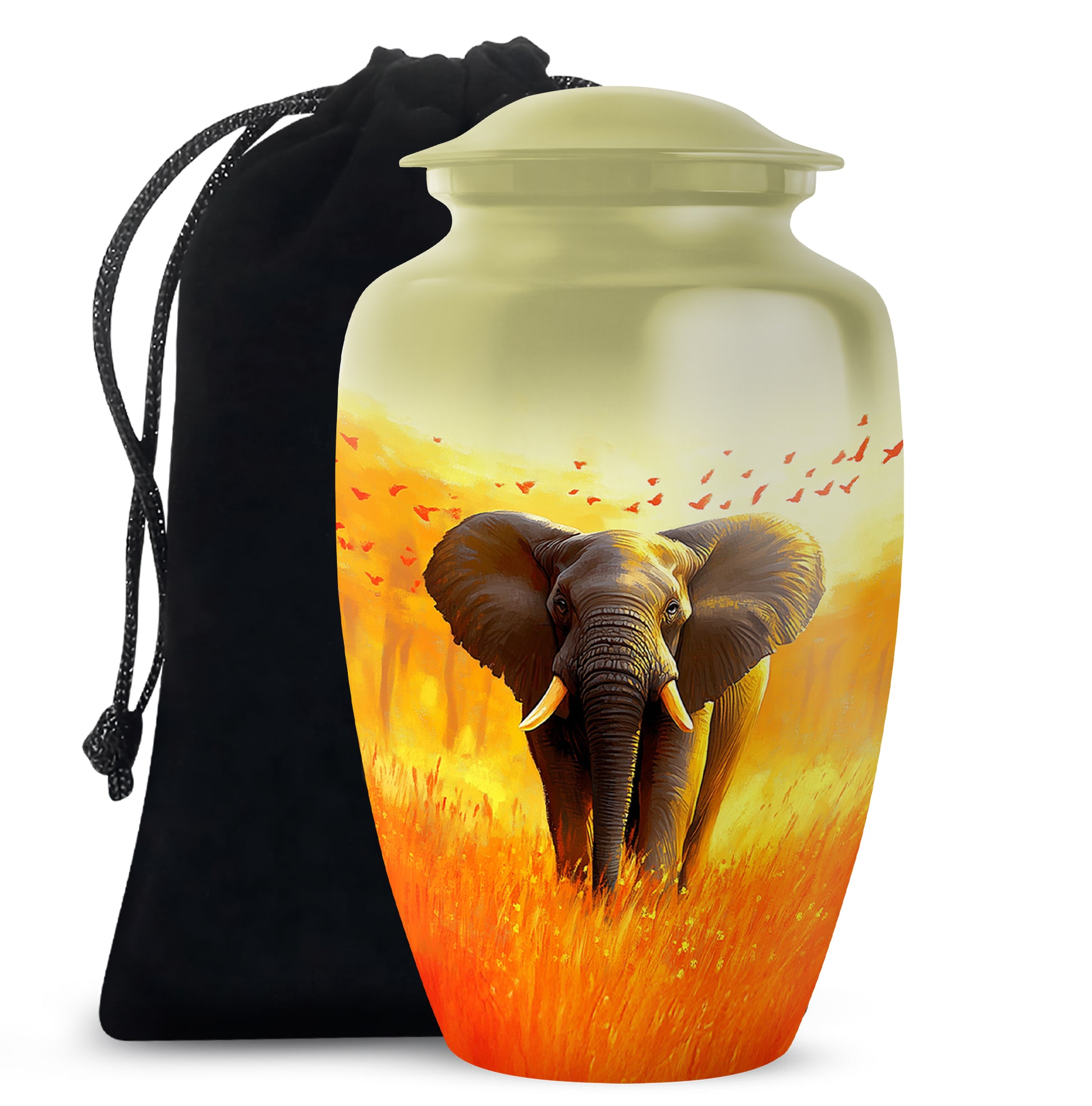 Champagne Gold Elephant Cremation Urn angled view of lid and engraved motif - timeless elephant motif etched into premium metal - full-size 10 inch 200 cubic inch adult cremation urn