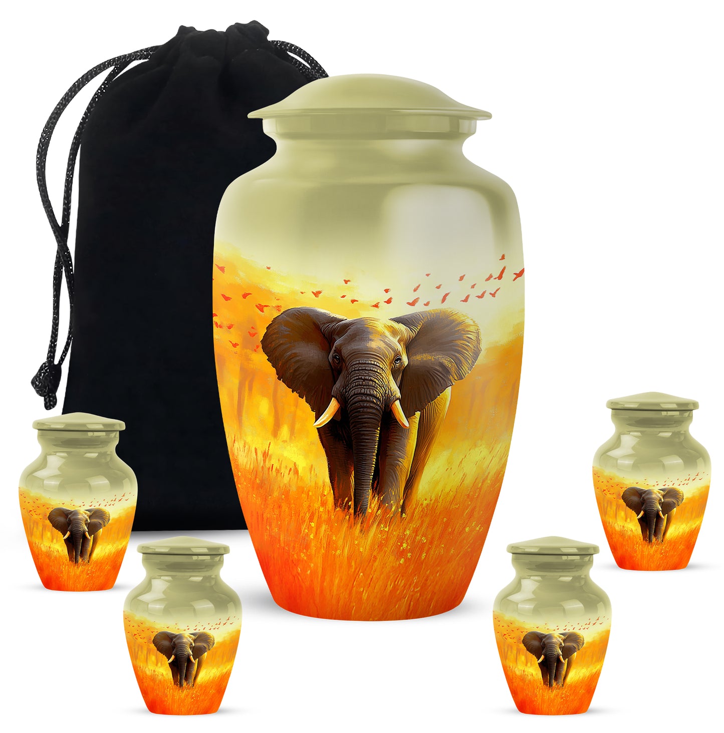 Gilded Gold Elephant Cremation Urn top-down view of secure threaded lid - timeless elephant motif etched into premium metal - memorial set with one large and four small urns