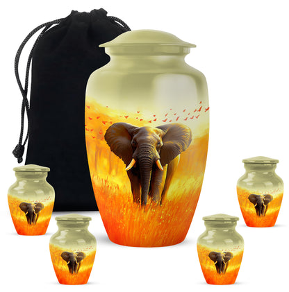 Gilded Gold Elephant Cremation Urn top-down view of secure threaded lid - timeless elephant motif etched into premium metal - memorial set with one large and four small urns